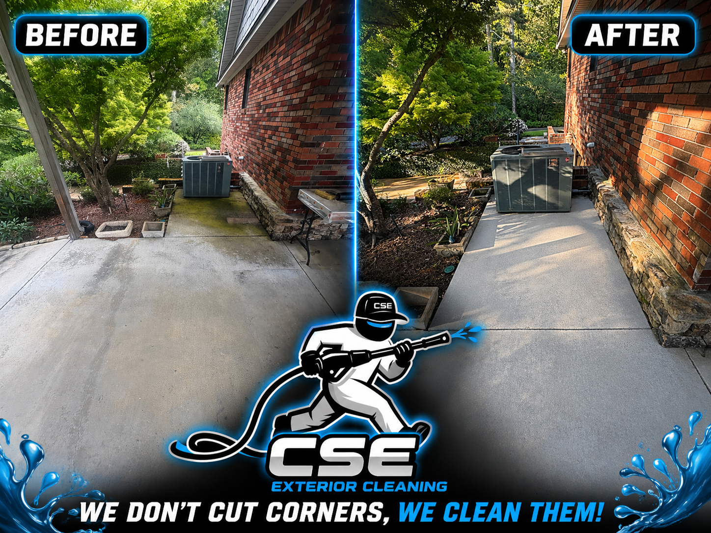 Concrete driveway cleaning before and after